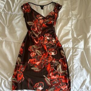 Brown and red floral sleeveless mini dress with v neck and ruched waist